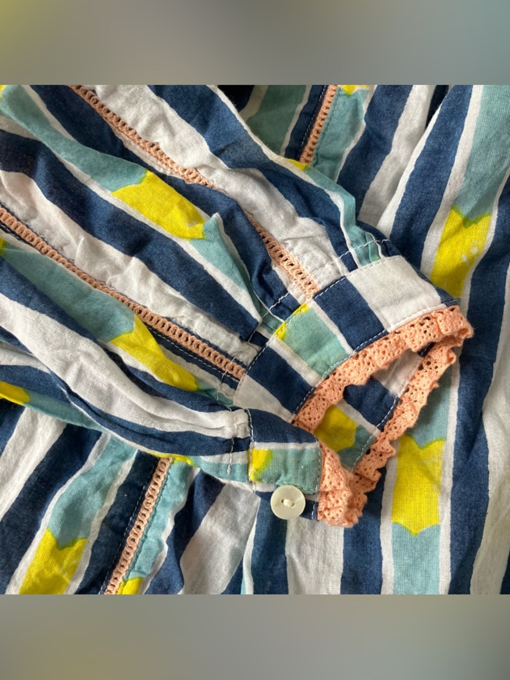 Roberta Roller Rabbit Blue Yellow Ikat Stripe Boho Cotton Blouse Large - Picture 3 of 7